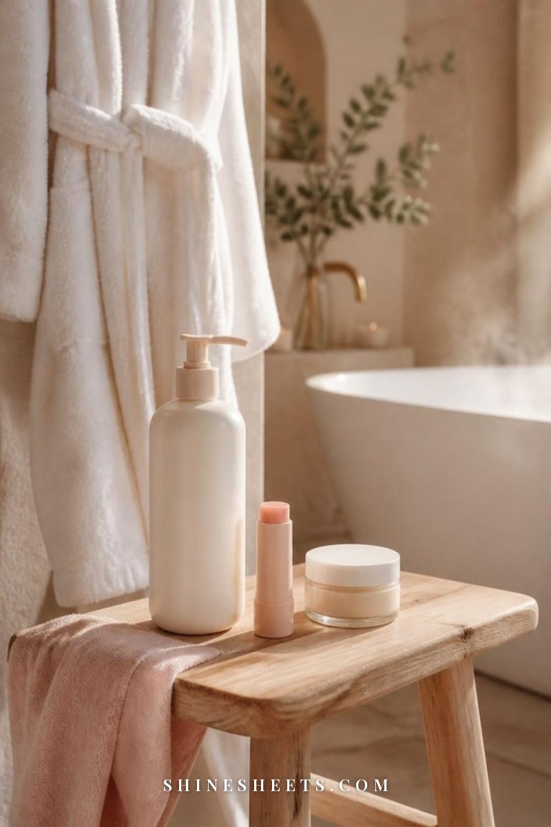 Body lotion bottle, a small lip balm tube and a white robe on a cream bath stool in a bright bathroom