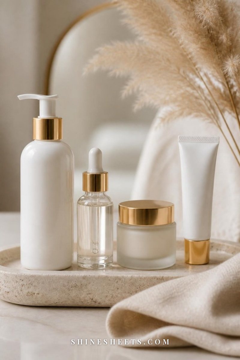 Minimal four-step skincare lineup of unlabeled cream and white bottles on a cream tray in soft light