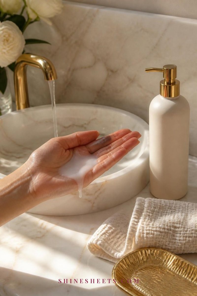 Soft milky cleanser foam on fingertips over a white marble sink with a folded cream face towel