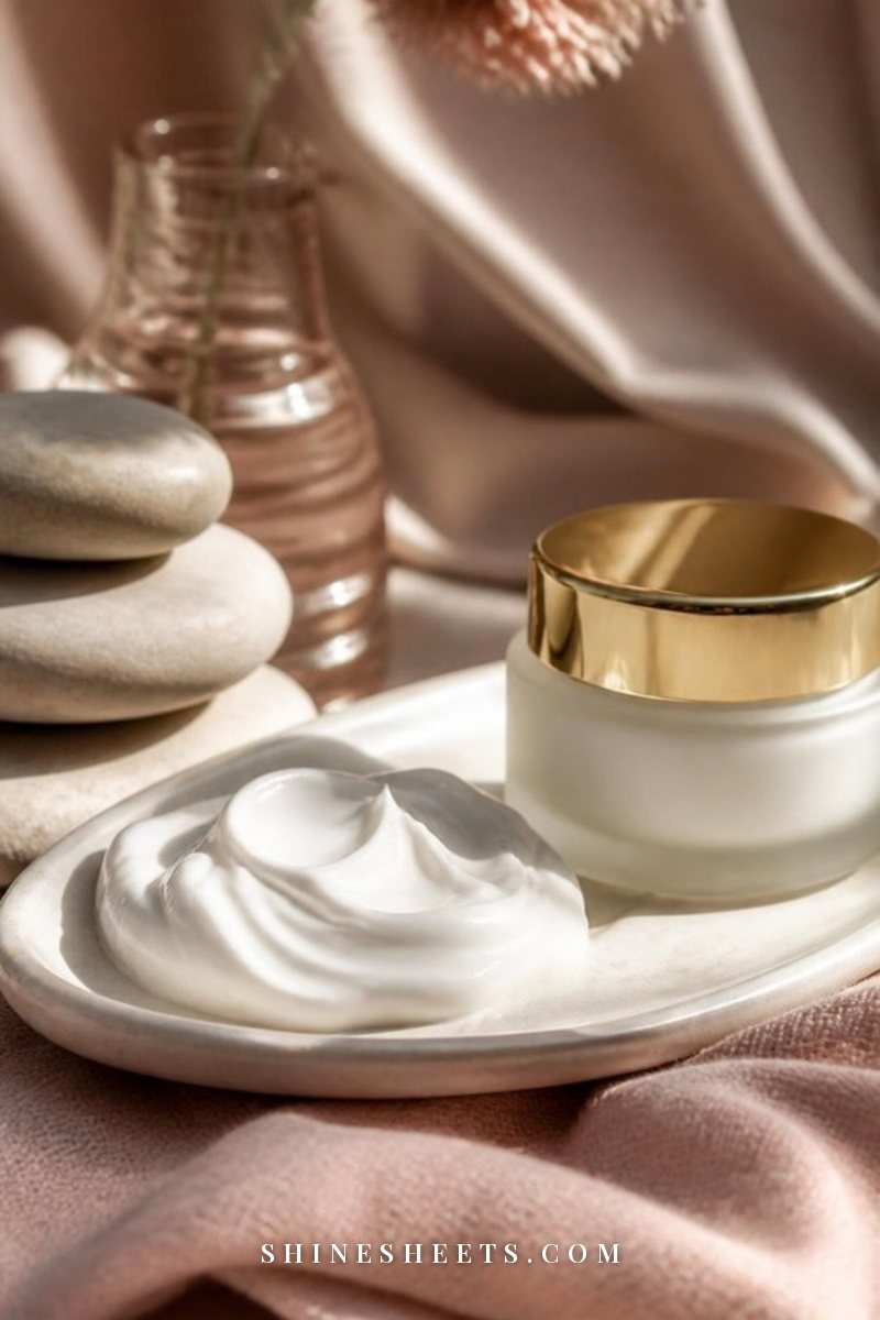 Swirl of rich white ceramide cream on a cream ceramic tray beside a frosted glass jar and smooth beige stones