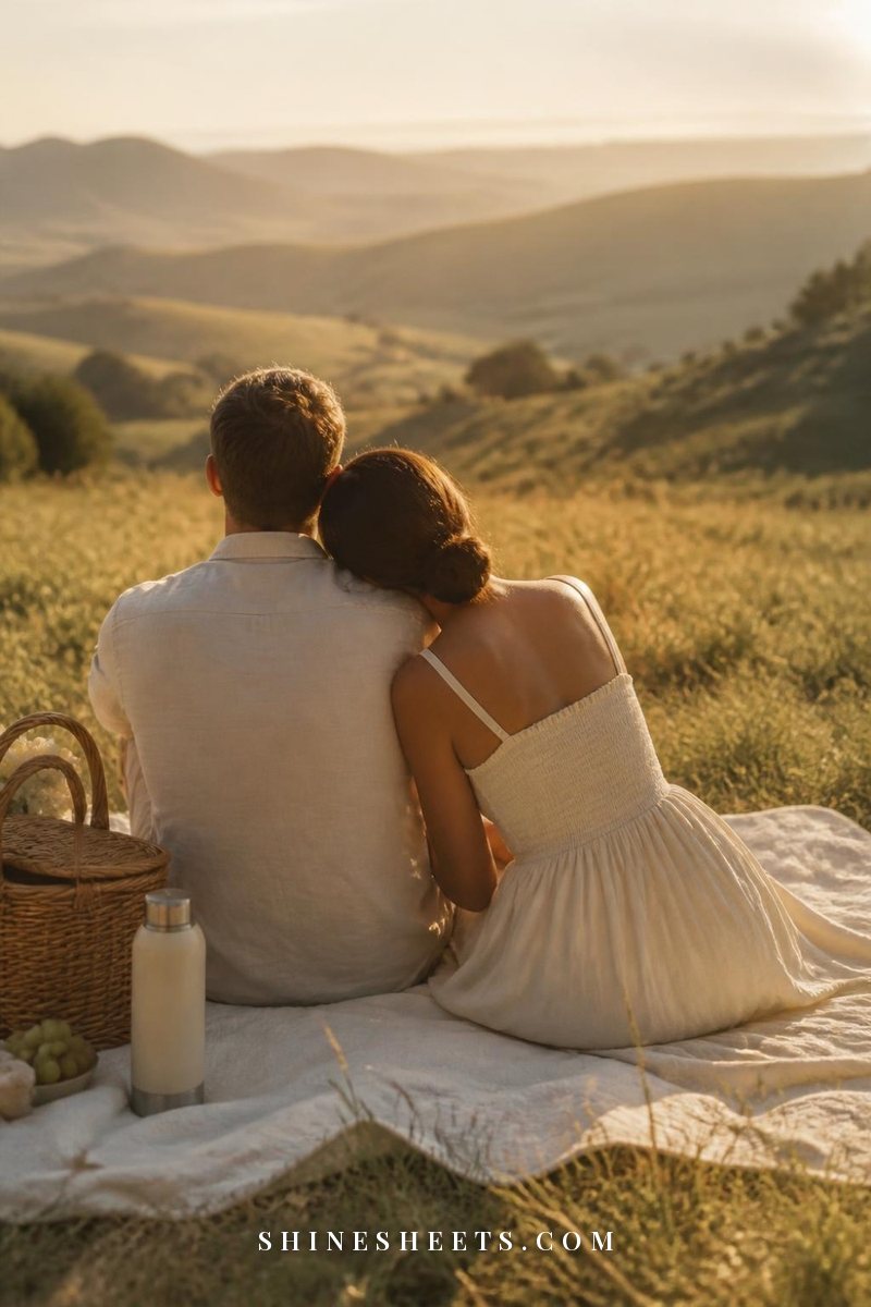Couple seen from behind sitting on a cream picnic blanket in a meadow at golden hour with a wicker basket beside them