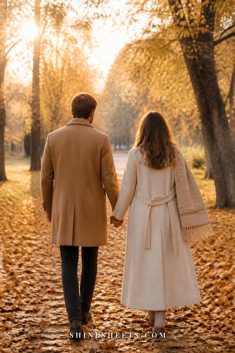 Couple seen from behind walking hand in hand on a leafy autumn path in cream and beige coats at golden hour
