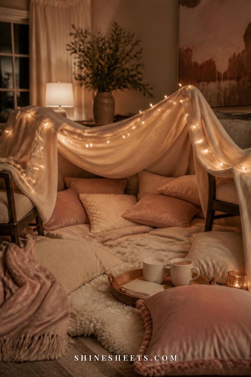 Living room blanket fort with string fairy lights, cream pillows, two mugs of cocoa and a deck of blank cards in soft evening light
