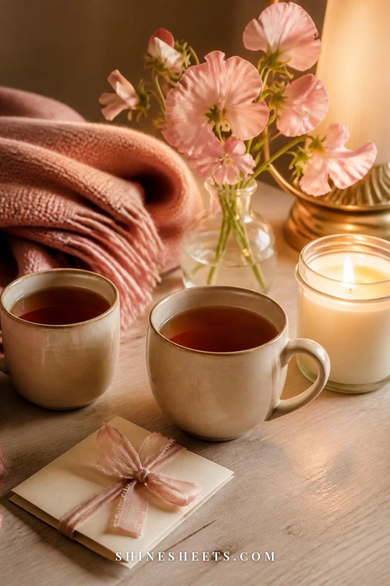 Two cream ceramic mugs, a lit glass candle and a folded blush knit blanket on a wooden table in warm evening light