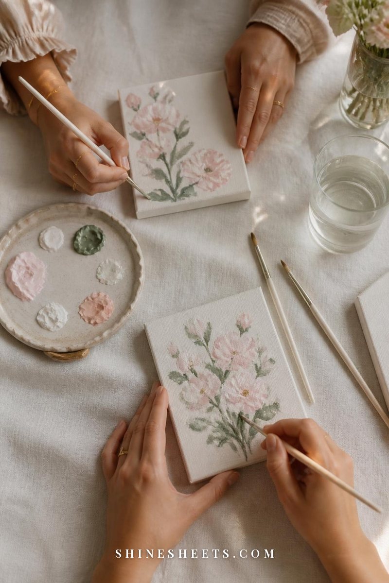 Two pairs of hands painting small canvases with pastel paints on a cream table with brushes and a glass of water