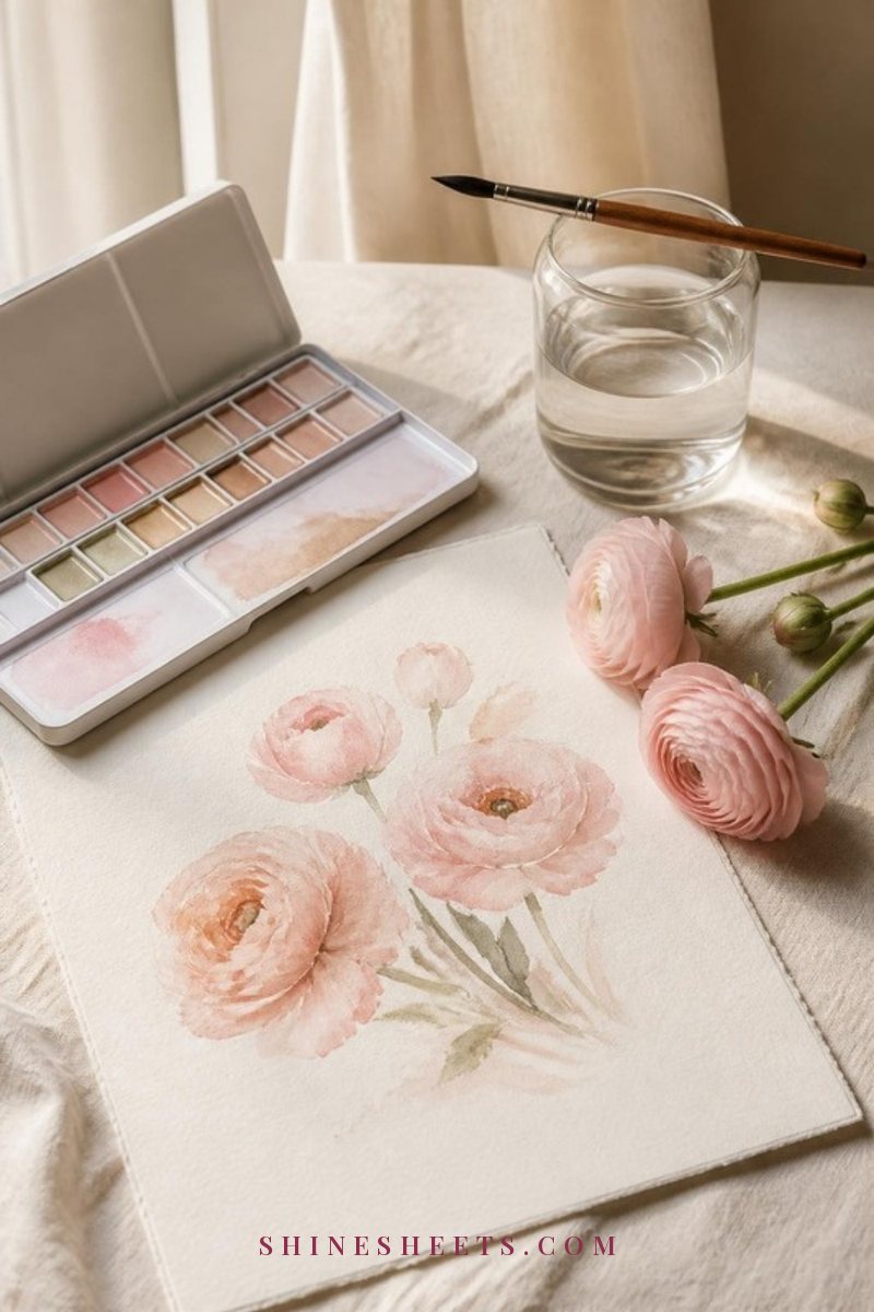 Beginner watercolor palette, round brush, glass of water and a soft blush floral painting on cream paper
