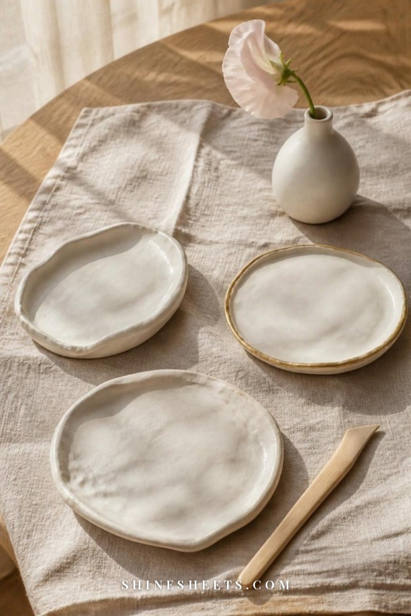 Handmade white air-dry clay trinket dishes and a small bud vase drying on a linen cloth