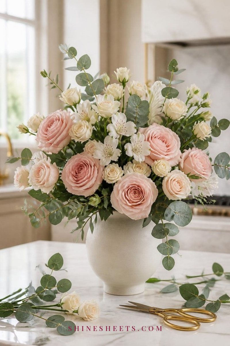 Simple blush and cream grocery-store flowers arranged in a ceramic vase on a kitchen counter
