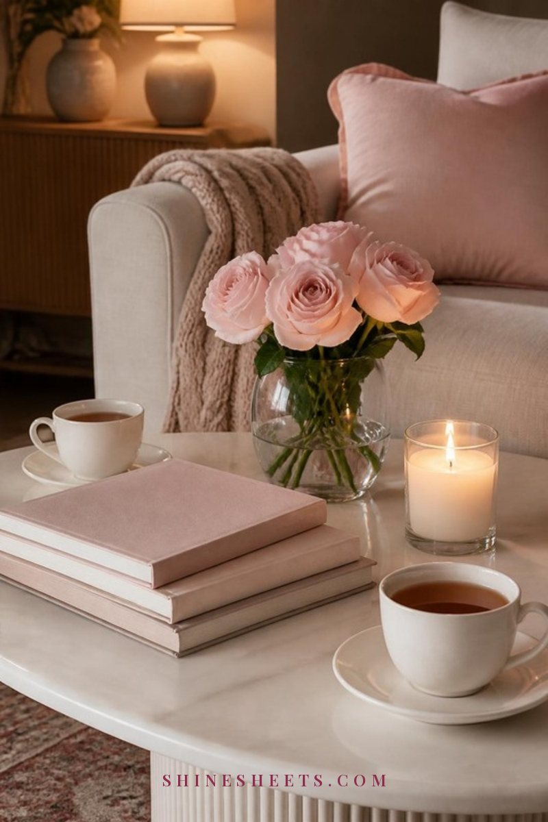 Stack of novels, cups of tea and a lit glass candle on a cream coffee table ready for a book club