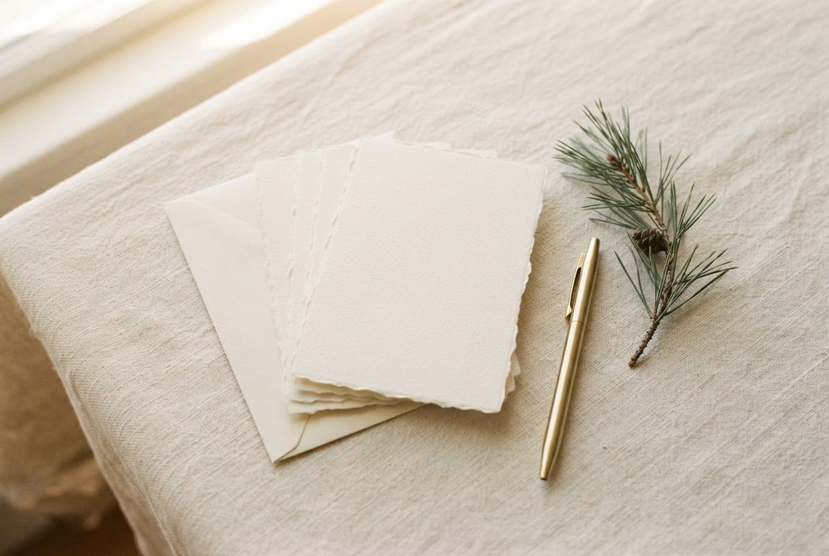 Blank cream Christmas cards, envelopes, a gold pen and a sprig of pine on a linen tablecloth