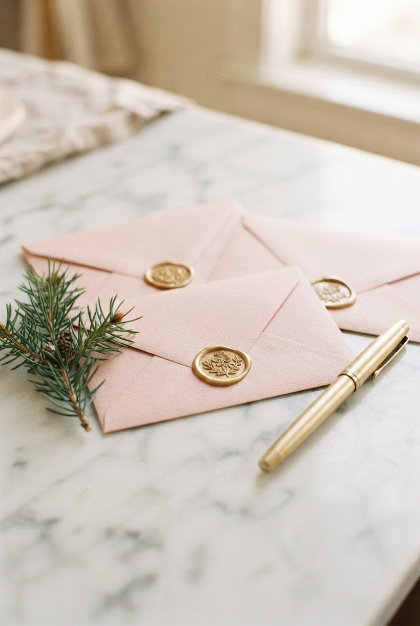 Sealed blush envelopes with gold wax seals, a gold pen and a small pine sprig on a white marble surface