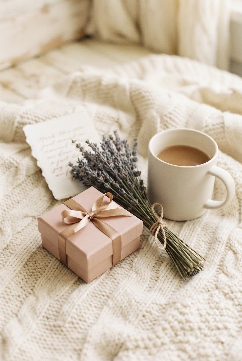 Small gift box with gold ribbon, a handwritten card, dried lavender and a white mug on a cream knit blanket