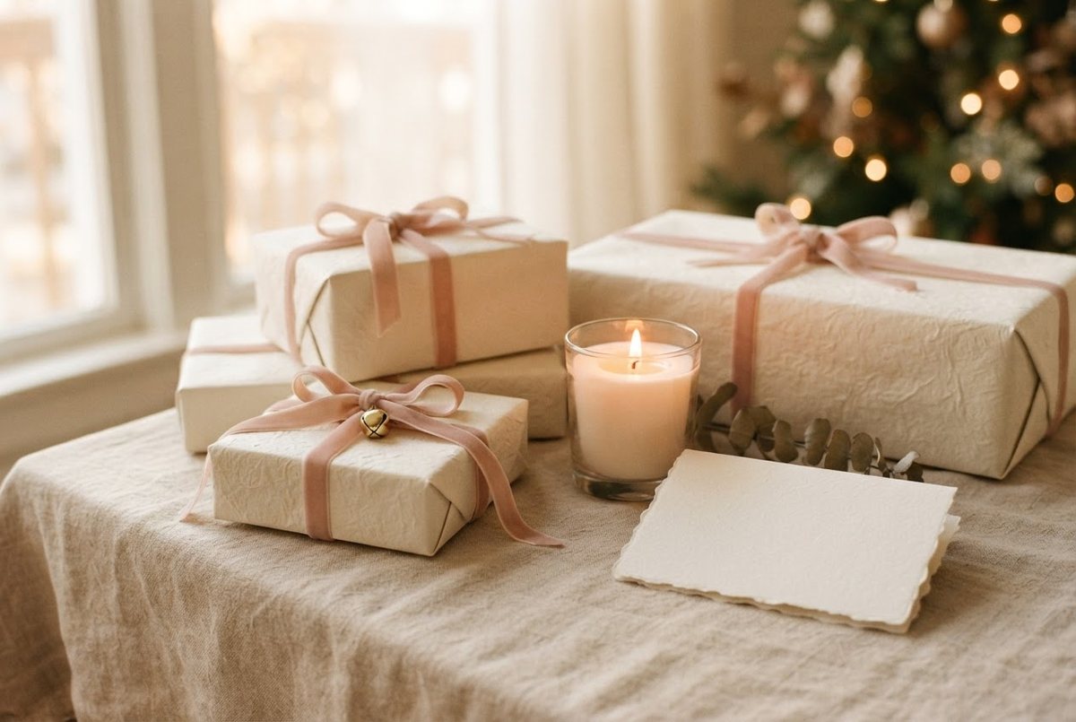 Wrapped Christmas gifts in cream paper with blush velvet ribbon, a glass candle and a blank card on a linen tablecloth