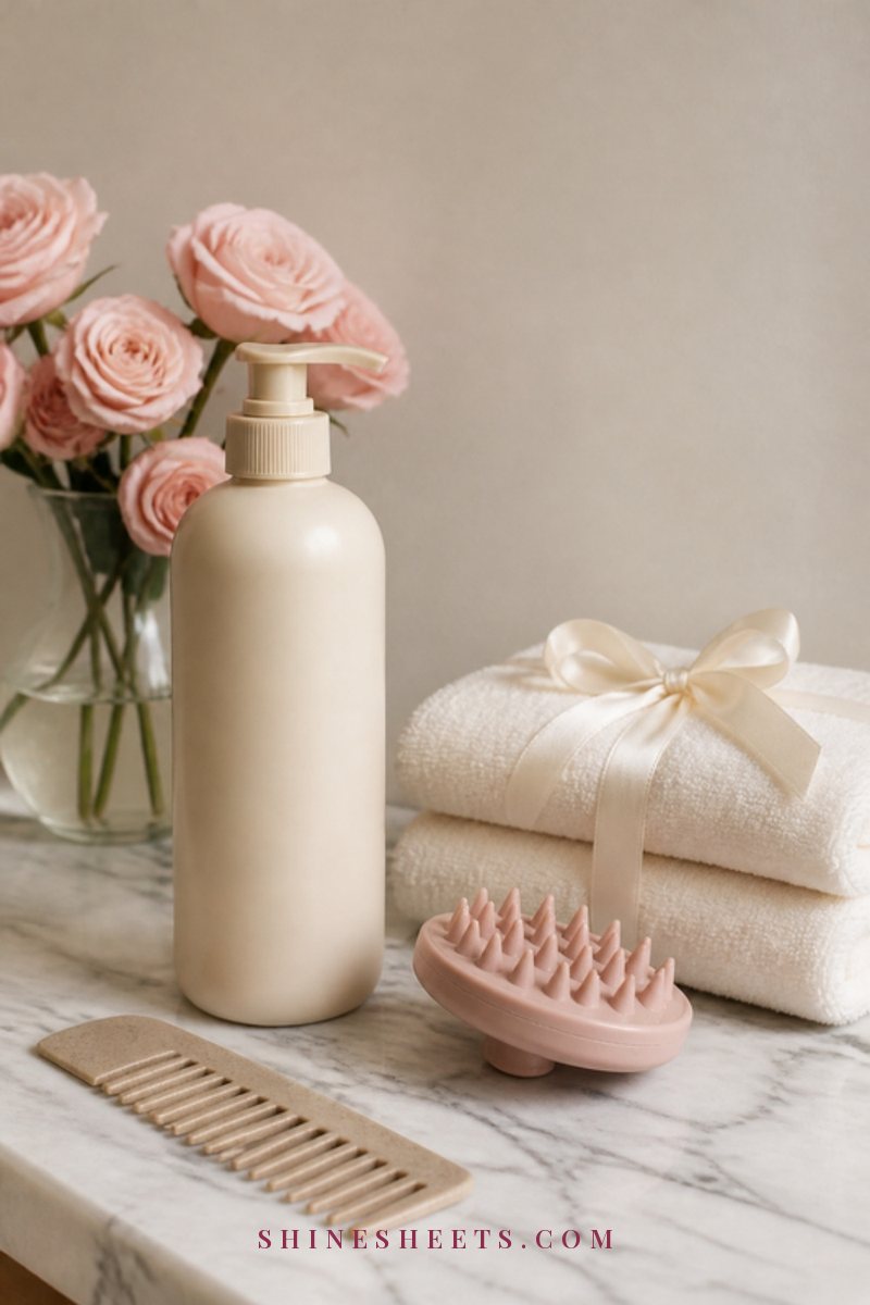Soft still life of an unlabeled cream shampoo bottle, a blush scalp massager, a wide-tooth comb and folded white towels on a marble counter