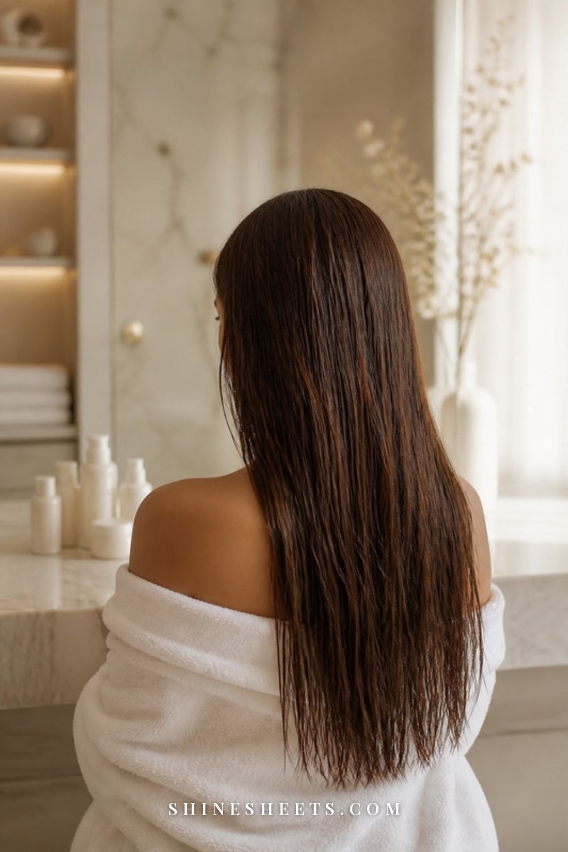Woman seen from behind in a bright cream bathroom with long, shiny, freshly washed hair wrapped loosely in a white towel at the shoulders