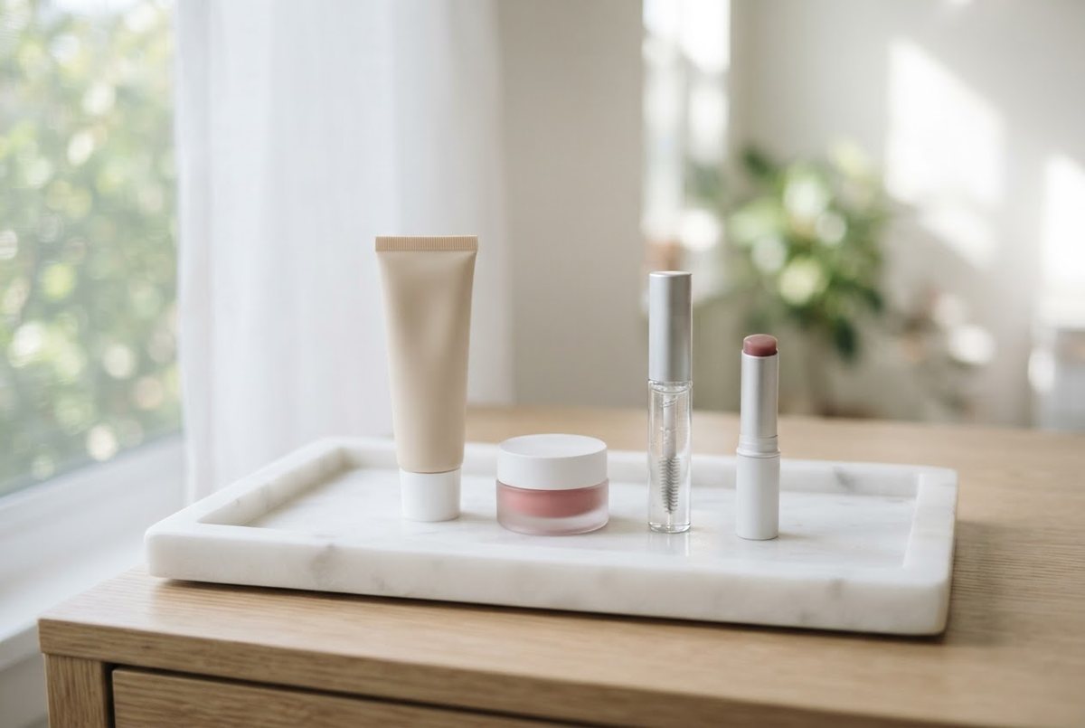 Cream skin tint tube, blush cream blush pot, clear brow gel and a tinted lip balm on a white marble tray in soft morning light