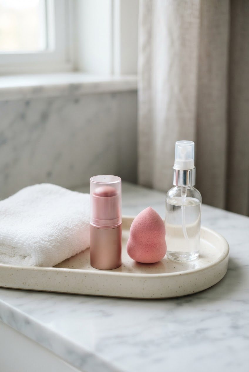 Pink cream blush stick, a makeup sponge and a small glass bottle of setting spray beside a folded white towel on a vanity tray