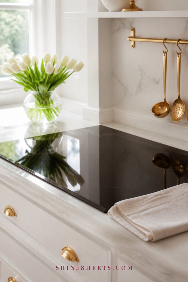 Clean black glass stove top in a bright white kitchen with a folded cream towel and a small vase of white tulips nearby