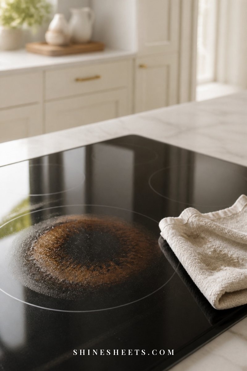 Close-up of a dark glass cooktop with a small burnt ring beside a folded damp cream towel, soft kitchen light