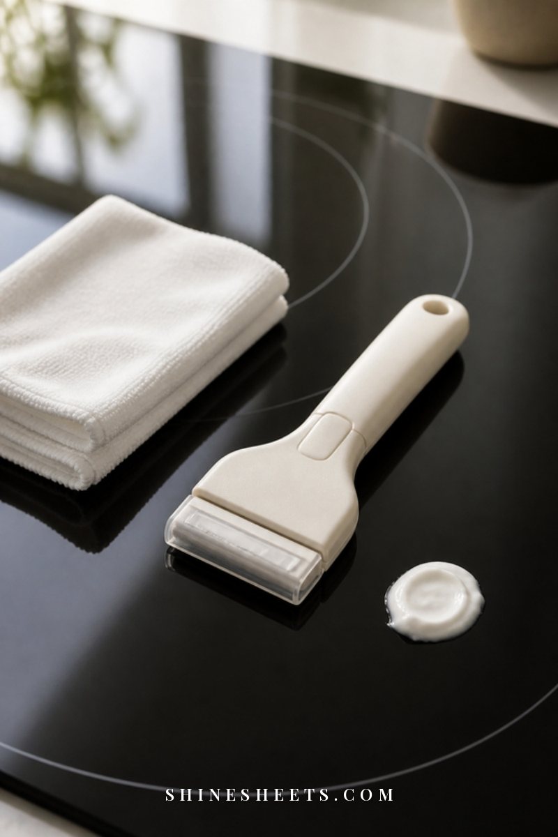 Cooktop scraper tool with a cream handle lying on a clean black glass surface next to a white microfiber cloth