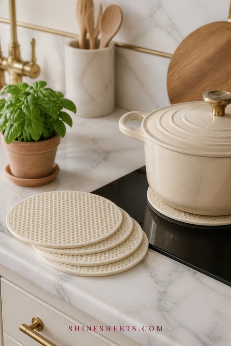 Cream silicone trivets stacked on a white marble counter beside a clean black glass stove and a small pot of herbs