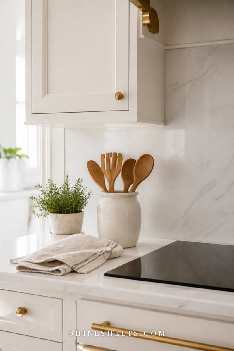 Elegant white kitchen counter with a cream ceramic utensil holder and a neatly folded tea towel beside a dark glass stove