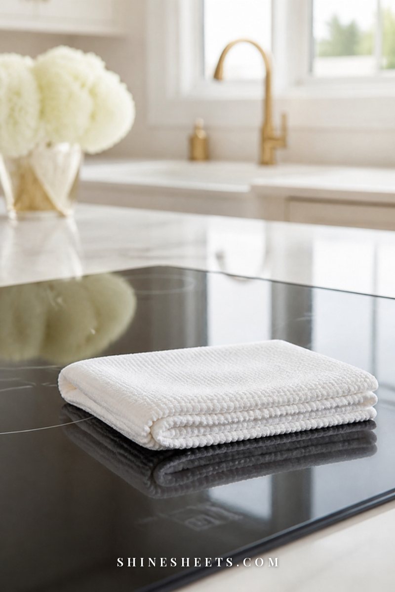 Folded white microfiber cloth resting on a gleaming black glass cooktop with soft morning light reflecting off the surface