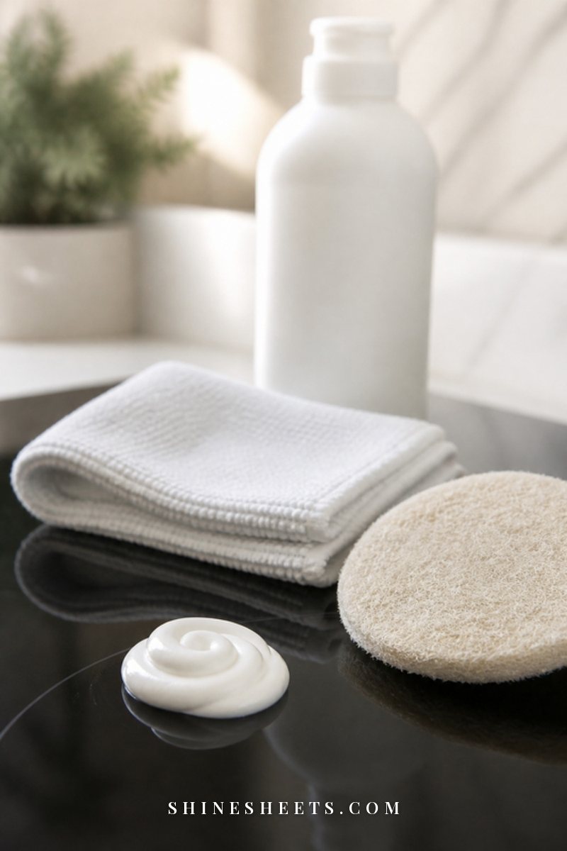 Small swirl of white cleaning cream on a dark glass cooktop beside a cream non-scratch scrub pad