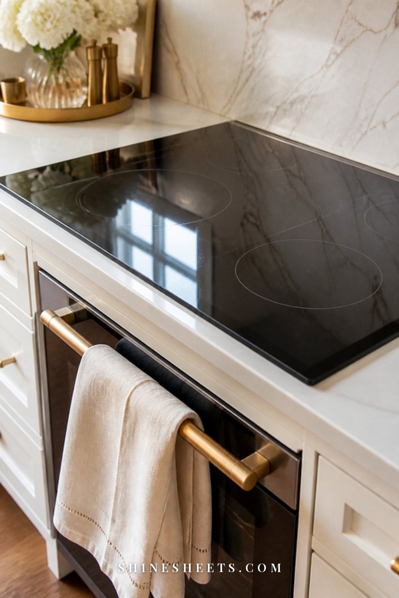 Spotless dark glass cooktop with a soft glossy reflection of window light and a cream linen towel draped on the oven handle