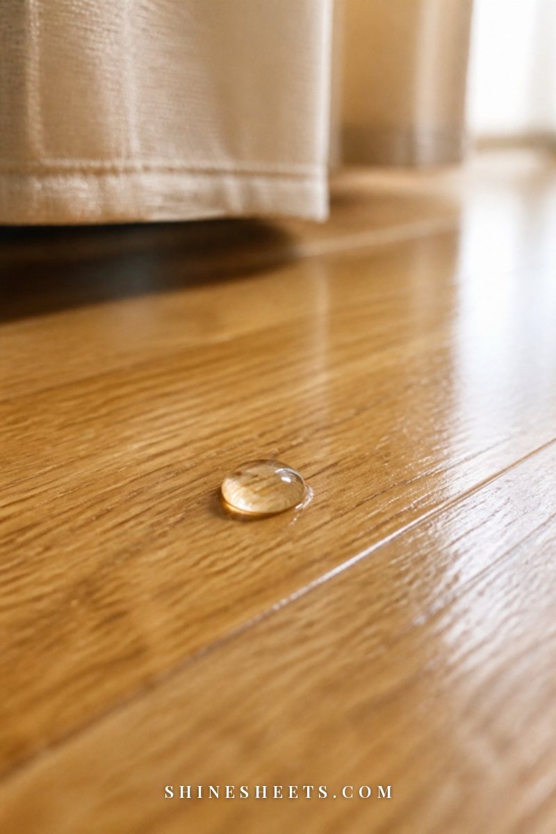 Close-up of a glossy oak hardwood floor with a single clear water drop beading on the surface in soft daylight
