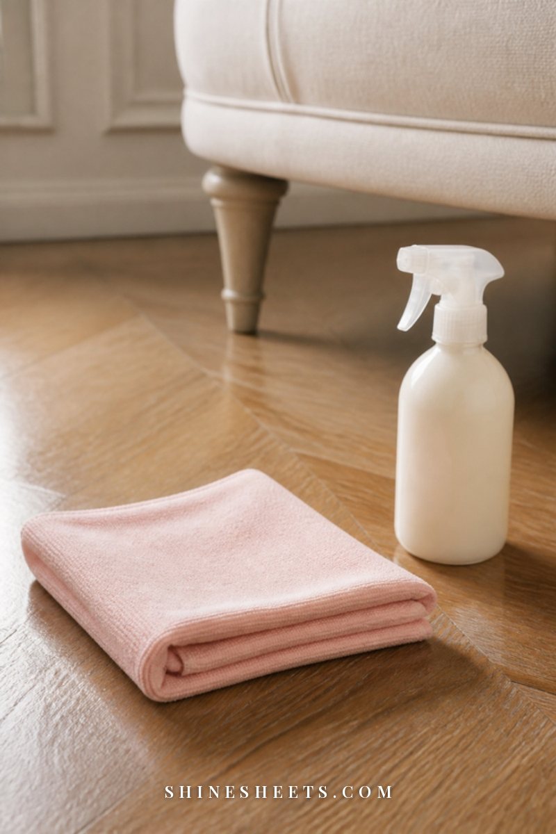 A folded blush microfiber cloth on a warm oak floor beside a small cream spray bottle in soft light