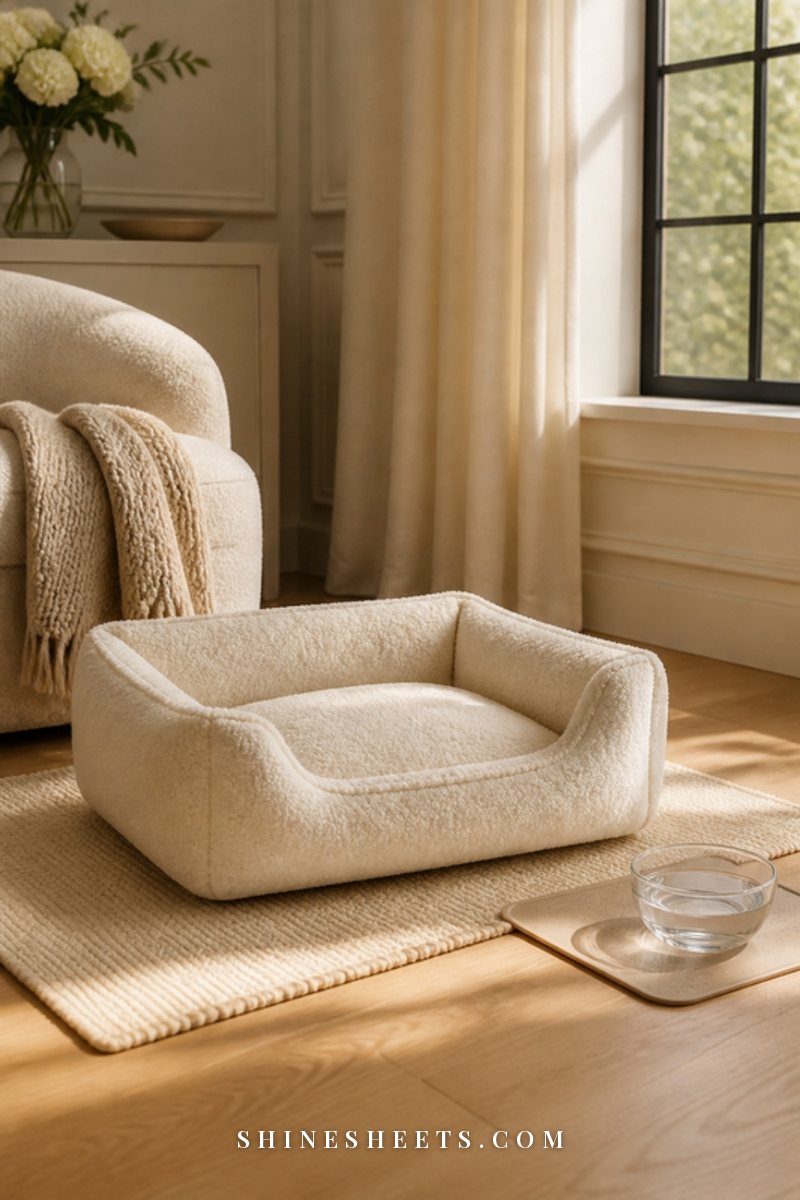 A soft cream pet bed on a washable rug over a light oak floor next to a glass water bowl on a beige mat