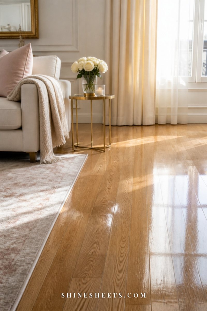 A sunlit living room with freshly cleaned glossy oak floors, a cream sofa edge and a folded beige throw
