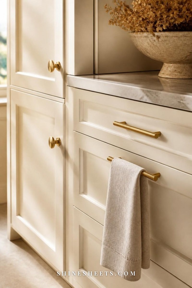 Bright cream kitchen with painted shaker cabinets, a stovetop and soft morning light