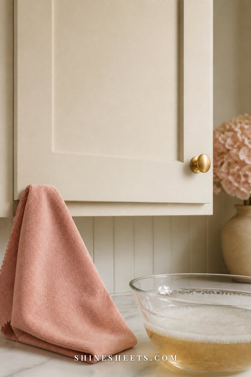 Close-up of a cream painted cabinet door being wiped with a soft microfiber cloth beside a bowl of soapy water