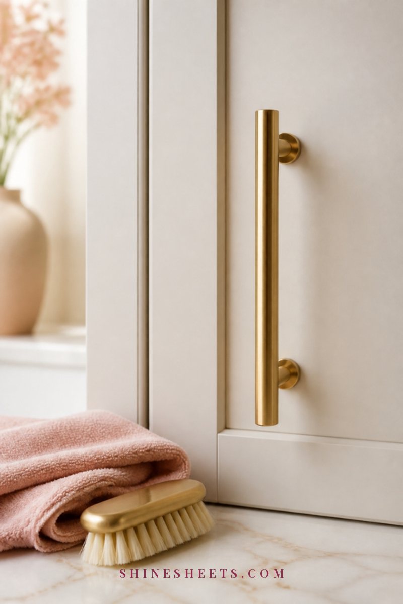 Close-up of a gleaming brushed gold cabinet handle on a cream door with a soft cloth beside it