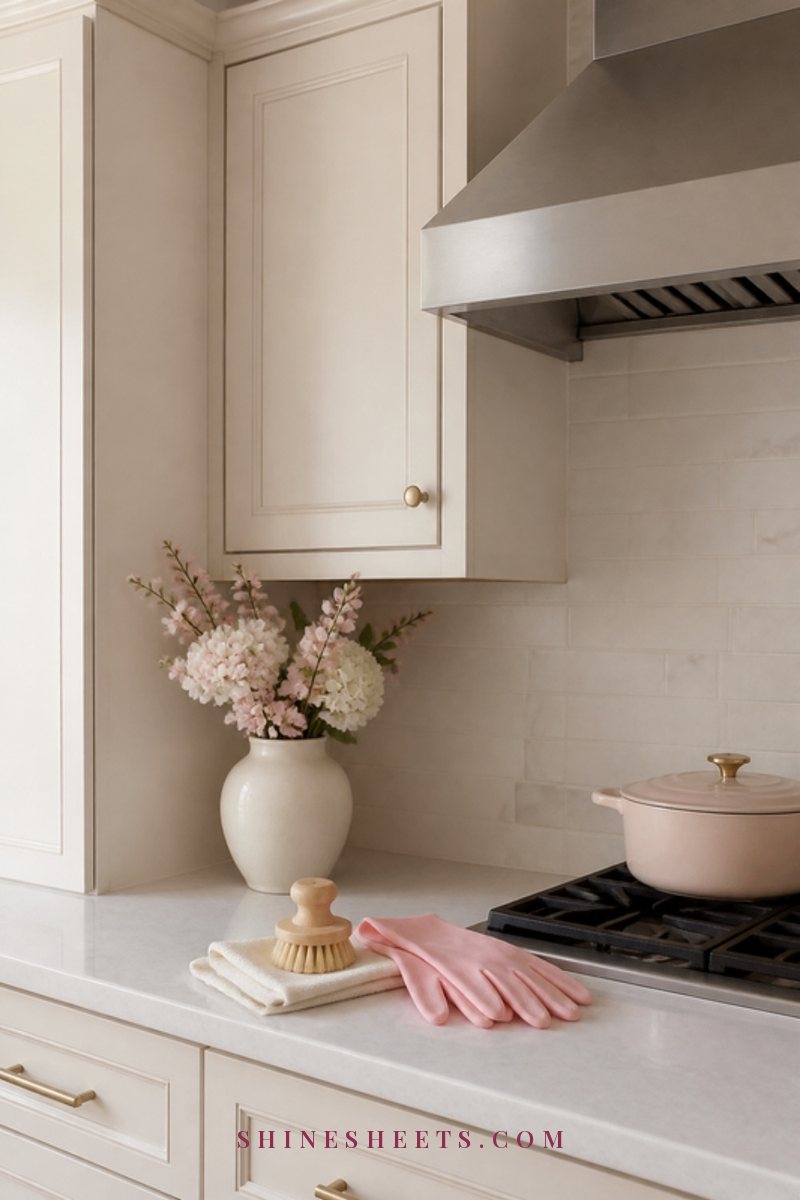 Cream cabinet beside a range hood with a microfiber cloth, a soft brush and pink gloves resting on the counter