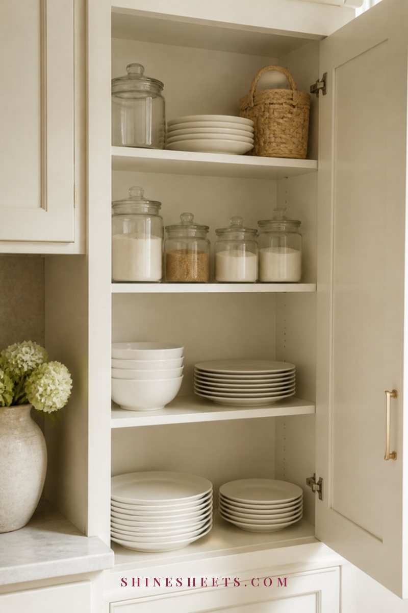 Open cream kitchen cabinet with neatly stacked white plates, glass jars and a lined shelf in soft light