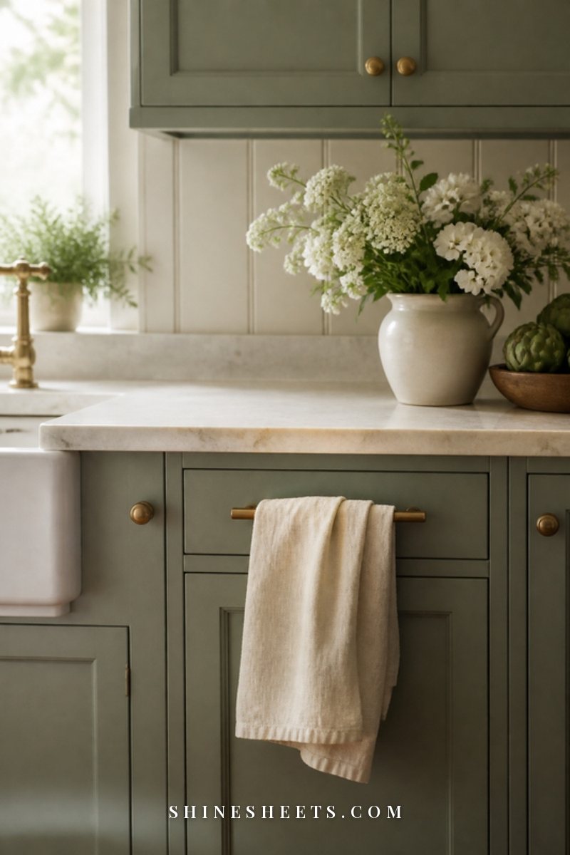 Soft sage painted kitchen cabinets with gold knobs and a cream linen towel hanging on a drawer handle