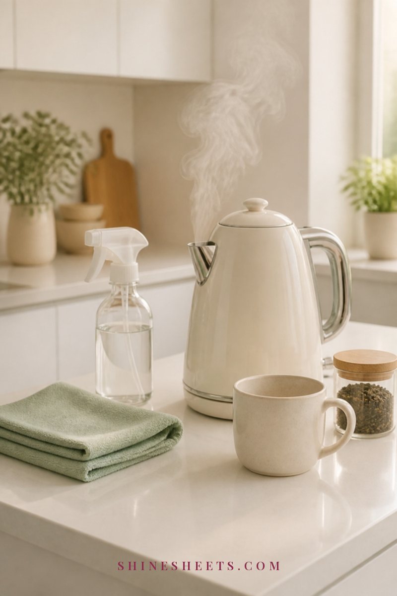 Cream electric kettle on a white kitchen counter with a folded sage microfiber cloth and a glass spray bottle beside it