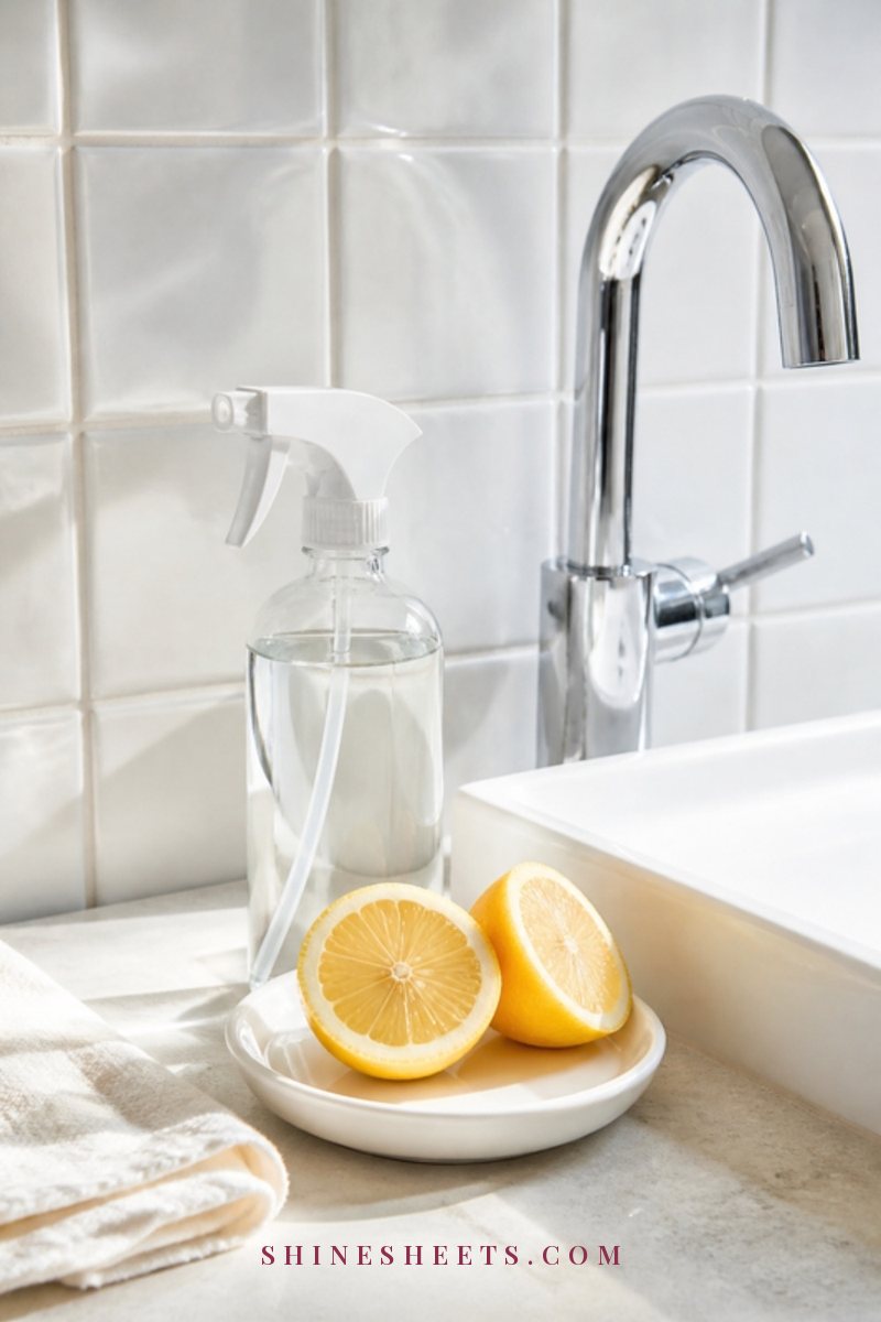 Glass spray bottle and halved lemons beside a white ceramic sink with a polished chrome faucet in soft daylight