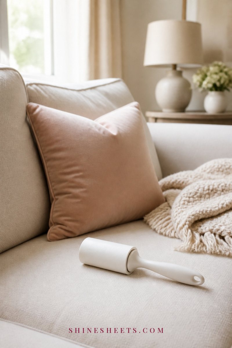 Lint roller resting on a cream linen sofa next to a blush throw pillow in a bright, airy living room