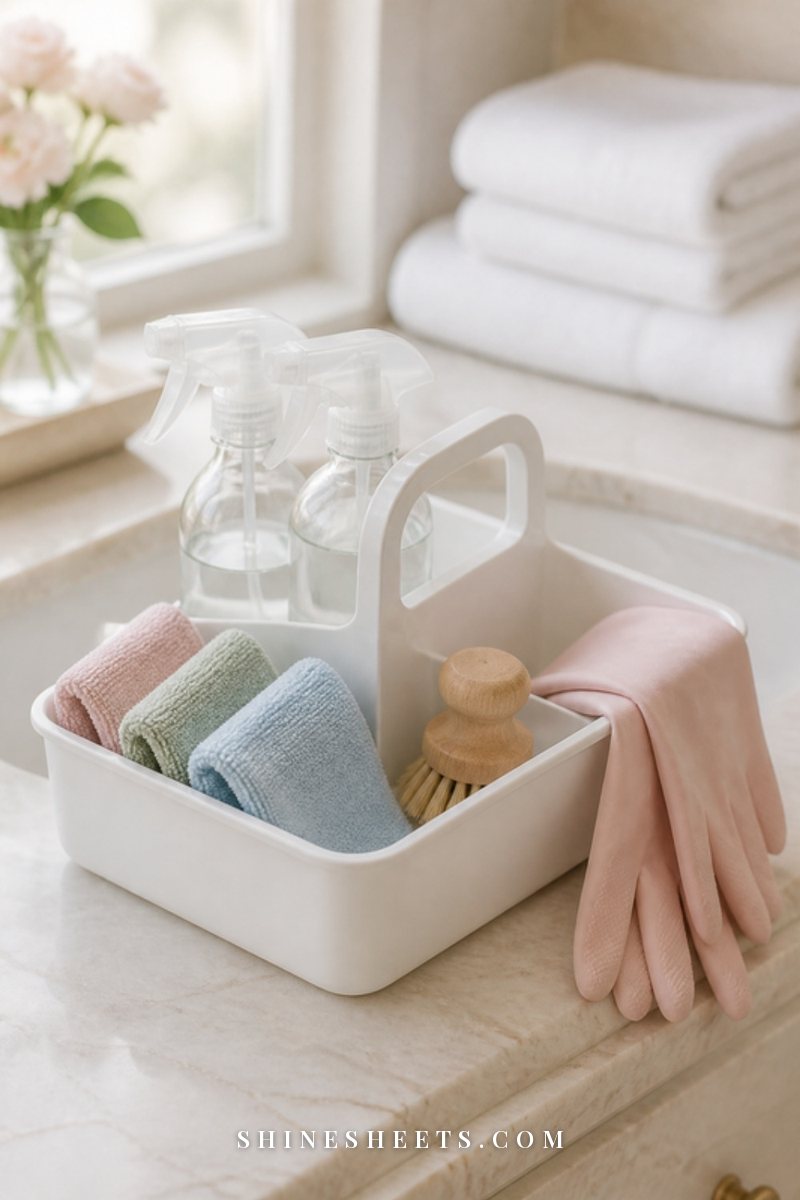 White cleaning caddy holding glass spray bottles, folded microfiber cloths and a scrub brush on a cream bathroom counter