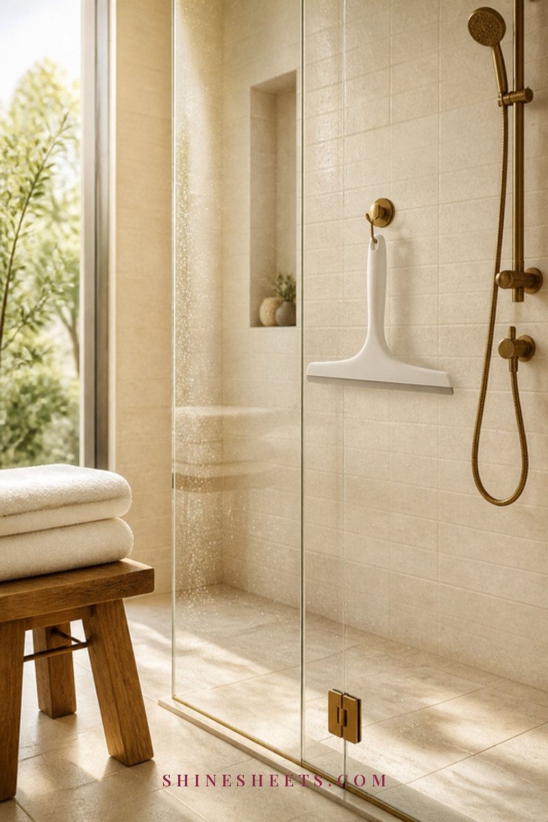 White shower squeegee hanging on a hook inside a bright glass shower with cream tiles and droplets on the glass