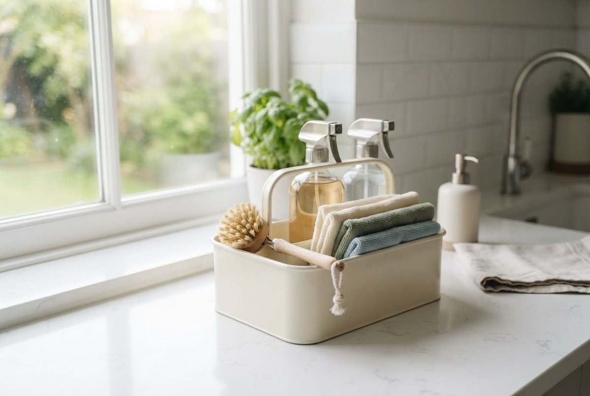 Cream cleaning caddy with spray bottles, folded microfiber cloths and a wooden scrub brush on a white kitchen counter in morning light