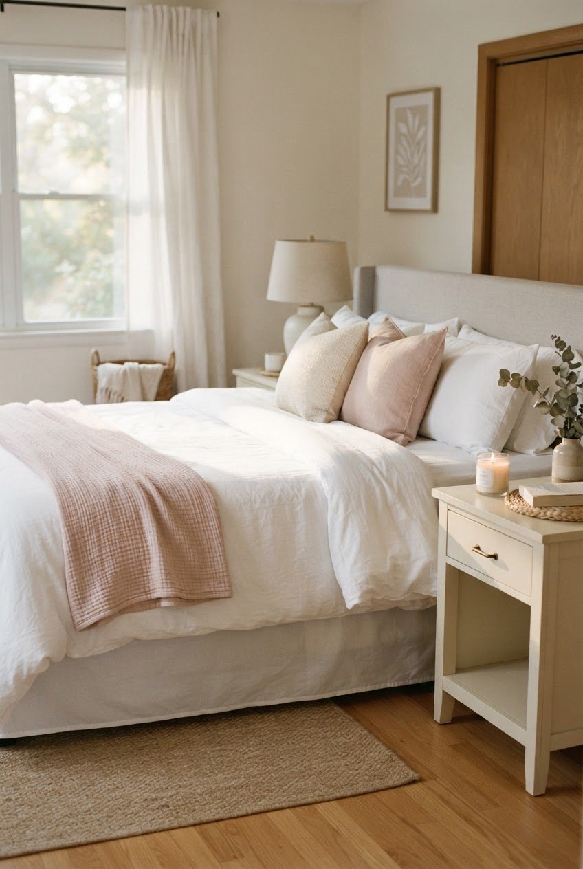 Neatly made white bed with a folded blush throw, a glass candle on a cream nightstand and soft afternoon light