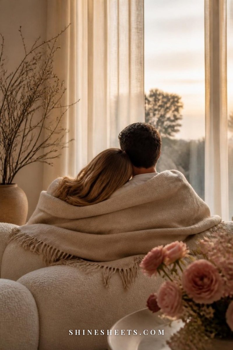 Couple seen from behind sitting close on a cream sofa with two mugs of tea on a wooden table