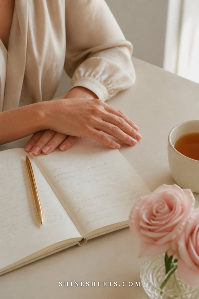 Hands resting on an open blank notebook beside a gold pen and a cup of chamomile tea