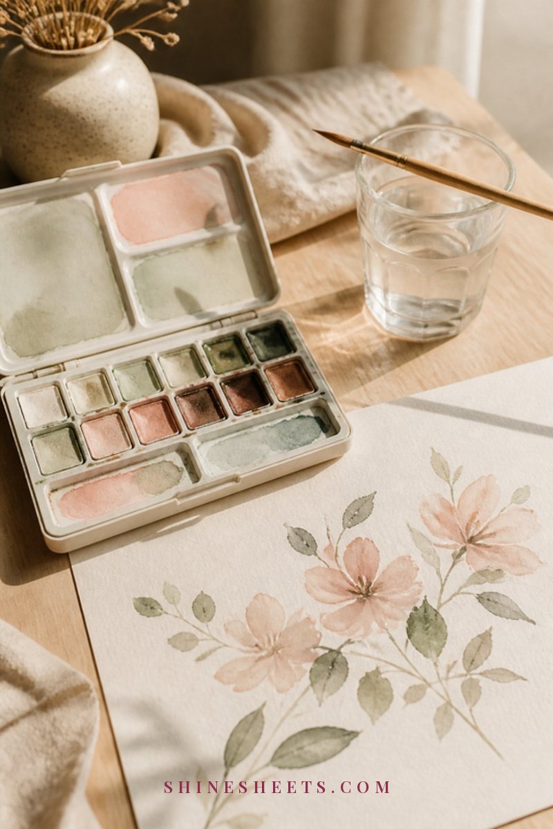 Watercolor paints, a sketchbook with soft abstract strokes and a vase of flowers on a sunny table