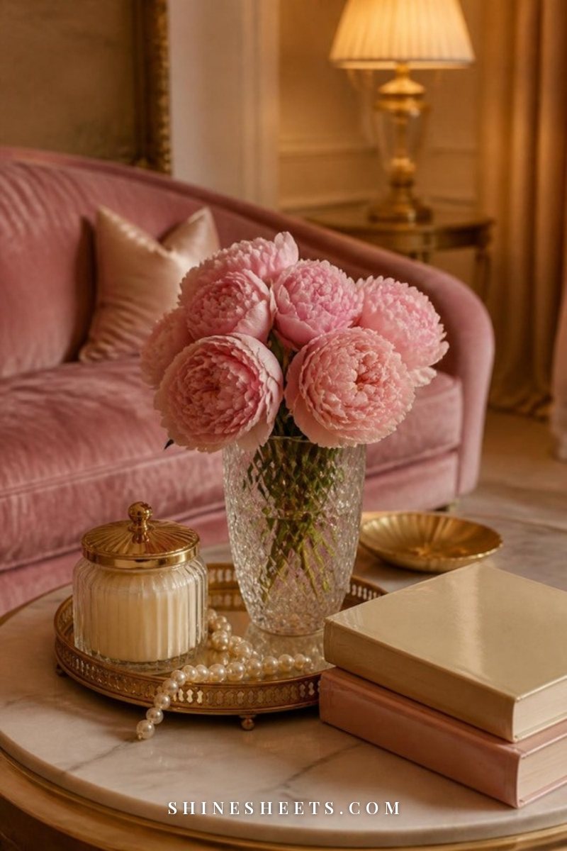 Glam coffee table with a mirrored gold tray, blush peonies in a crystal vase, pearl strand, glossy books and a gold-lidded candle